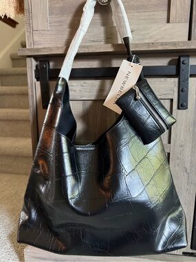 Newbella Black Croc-Embossed Shoulder Hobo bag 2-piece